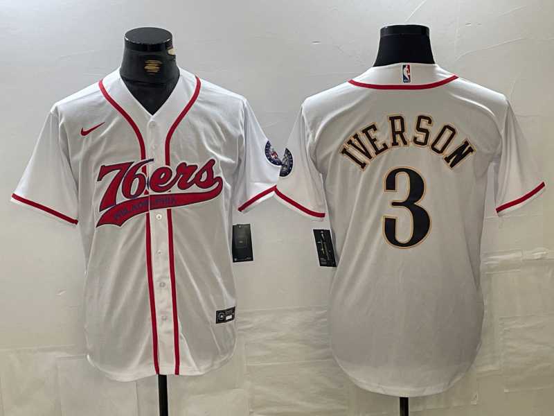 Men's Philadelphia 76ers #3 Allen Iverson White With Patch Cool Base Stitched Baseball Jersey,We sell and wholesale Men's Philadelphia 76ers #3 Allen Iverson White With Patch Cool Base Stitched Baseball Jersey on line form chian!